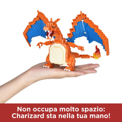 Nanoblock Charizard Deluxe Edition close-up face highlights realism.