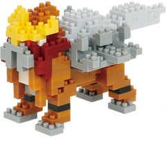Nanoblock Pokemon Entei figure assembly for desk display and collection.