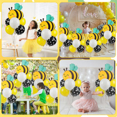 Naozinebi bee-themed table centerpiece stands supporting multiple balloons