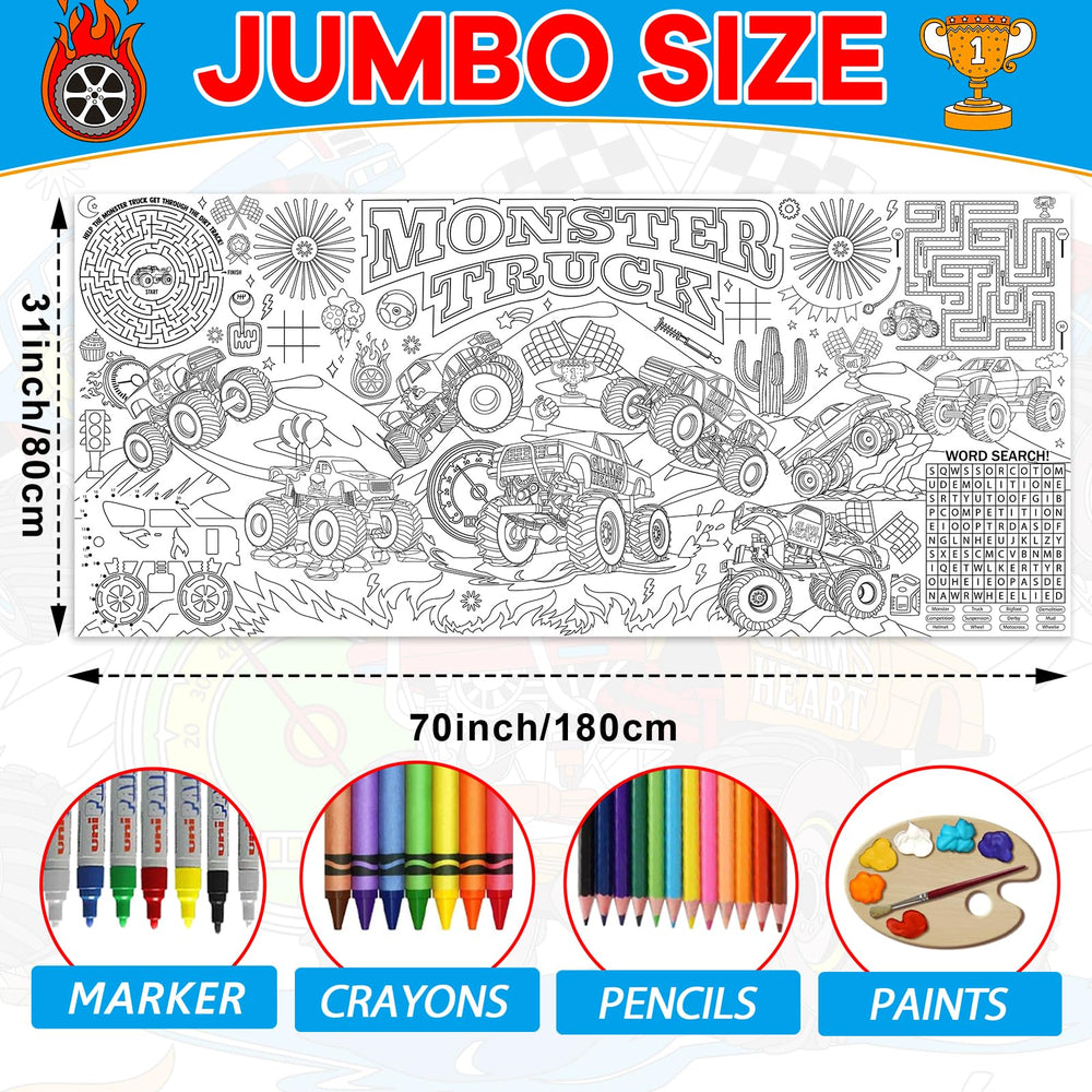 Naozinebi monster trucks coloring tablecloth—giant surface for DIY art with family