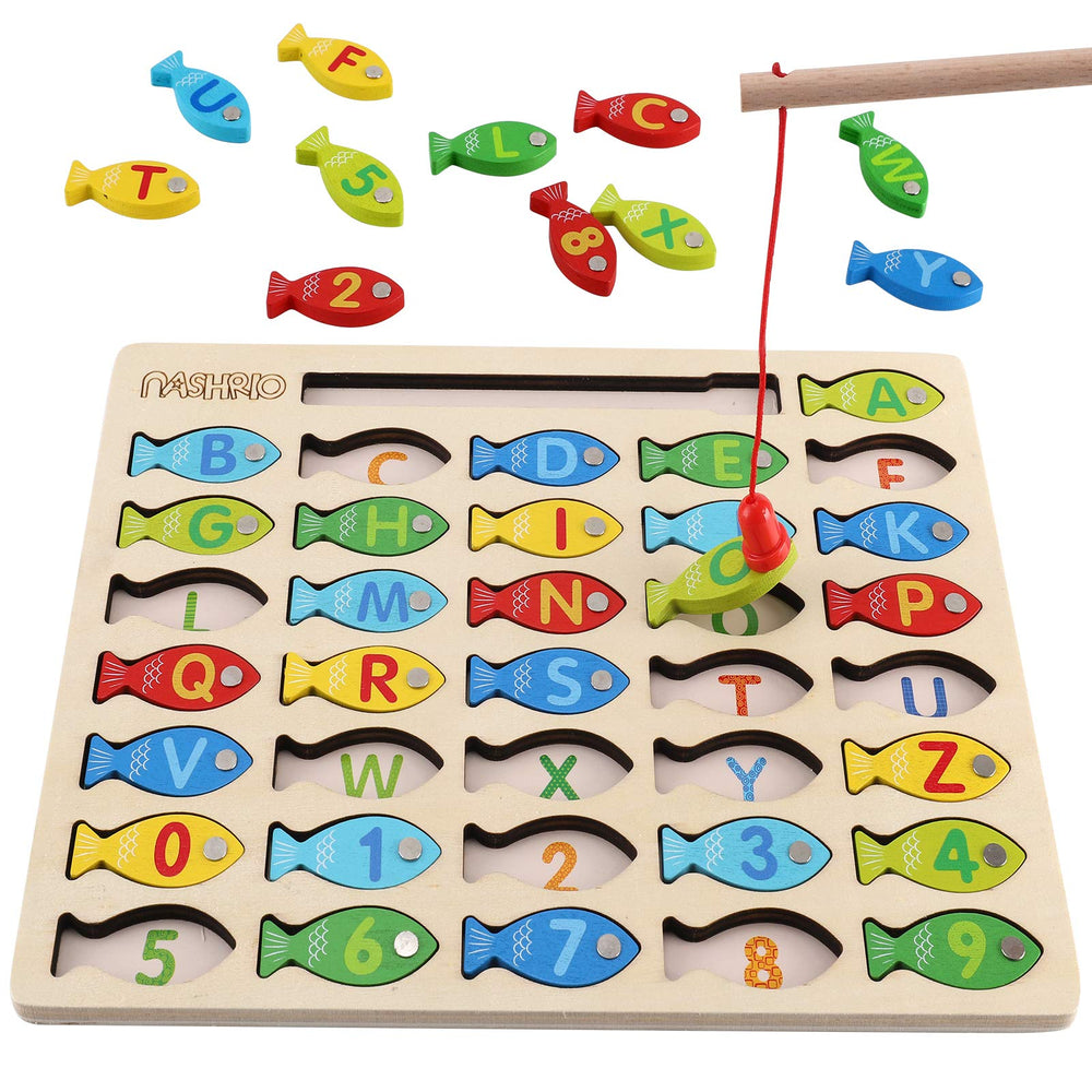 NASHRIO magnetic wooden fishing board for interactive learning with colorful fish.