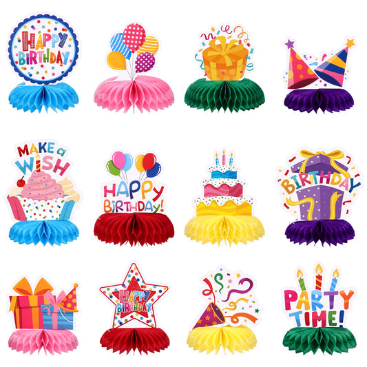 NatNarr 12-piece birthday decorations for colorful party tables.