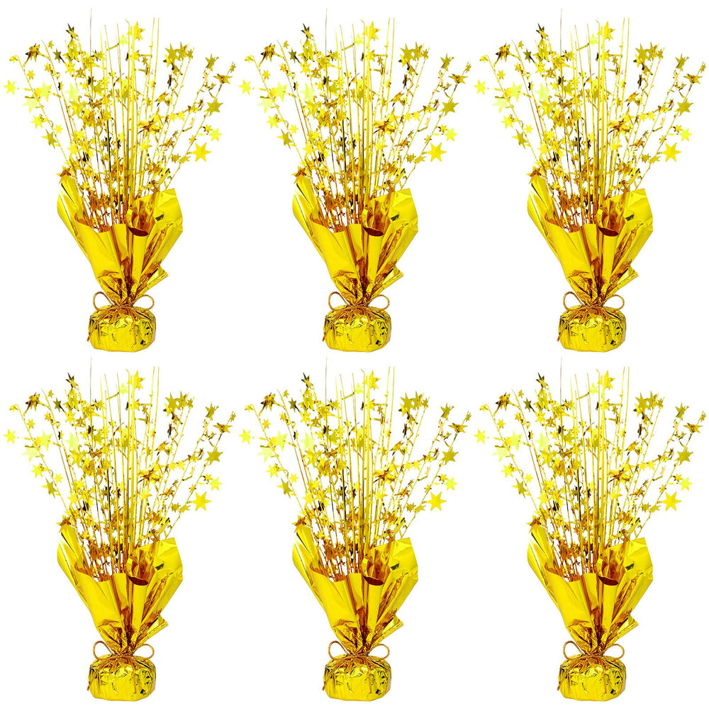 NatNarr 6-pack metallic foil spray centerpiece with gold stars creates a festive focal point.