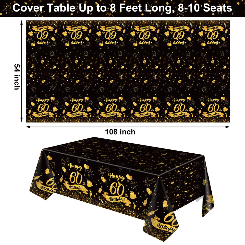 NatNarr black gold design tablecloth showcases festive 60th theme and protects surfaces.