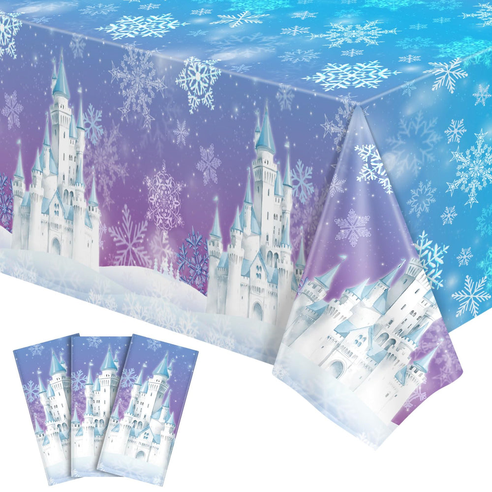 NatNarr frozen-tablecloth blue snowflakes protects surfaces and eases cleanup after meals