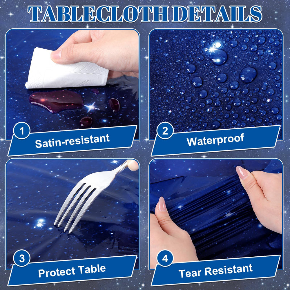 NatNarr Galaxy tablecloth highlights disposable design for quick cleanup.