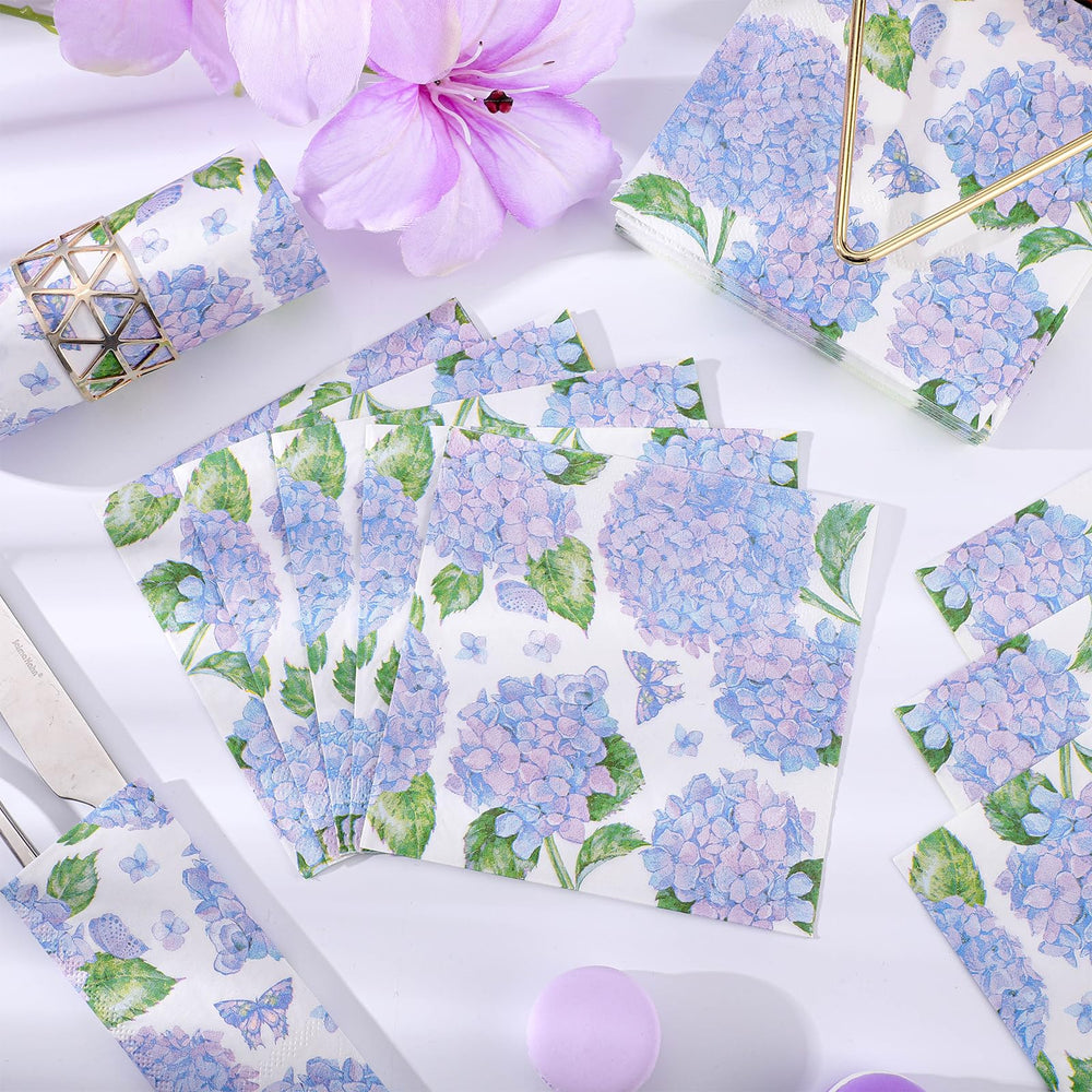 NatNarr Hydrangea napkins folded to 5x5 inches for easy handling during events.