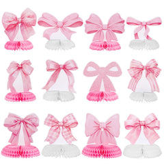 NatNarr pink bow honeycomb centerpiece adds romantic birthday decor.