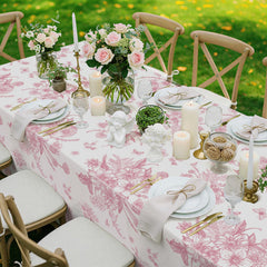 NatNarr pink and white porcelain-inspired floral design on tablecloth