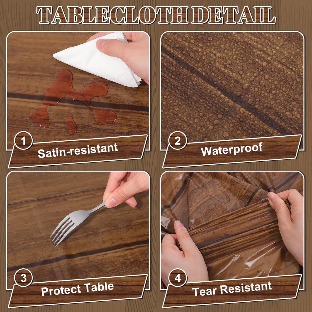 NatNarr wood grain tablecloth draped over a rectangular table.