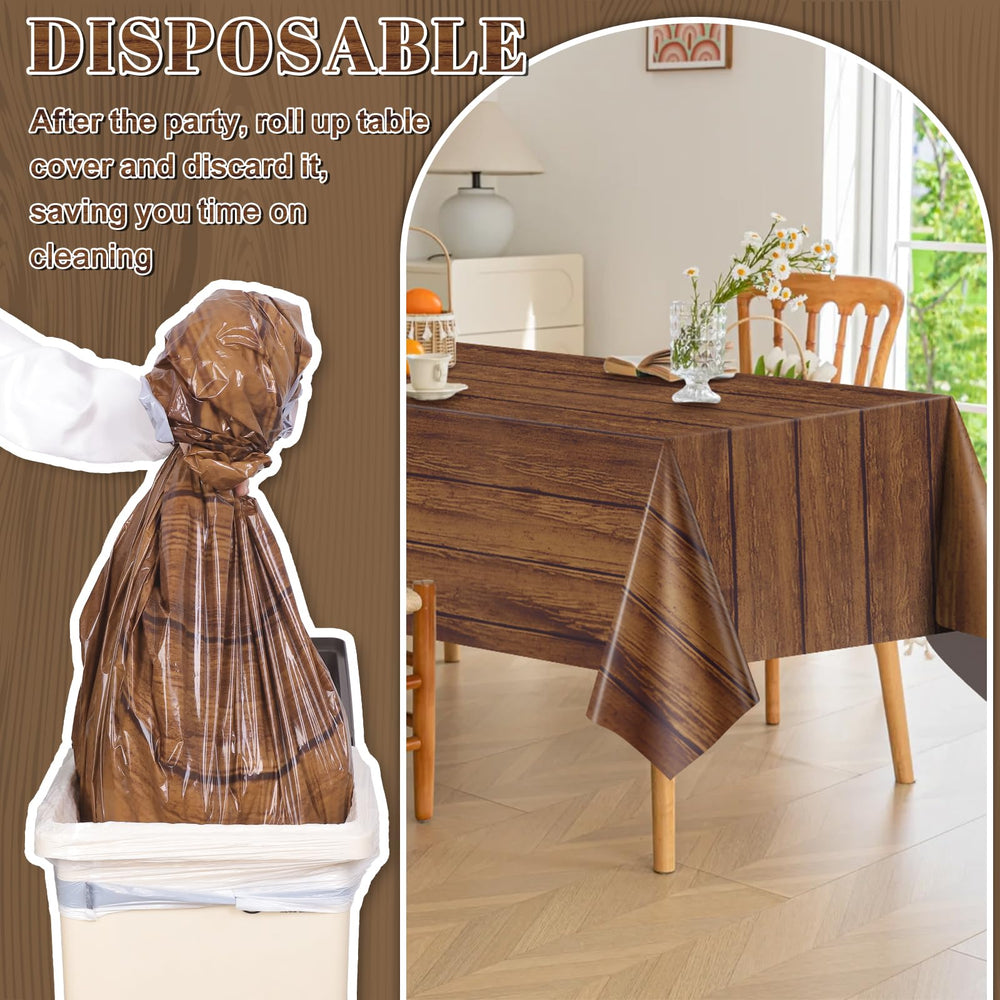 NatNarr wood grain tablecloth used for rustic wedding and party setup.