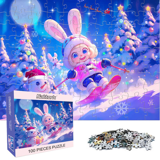 Nattork 100-piece bunny skiing puzzle image for family quiet time.