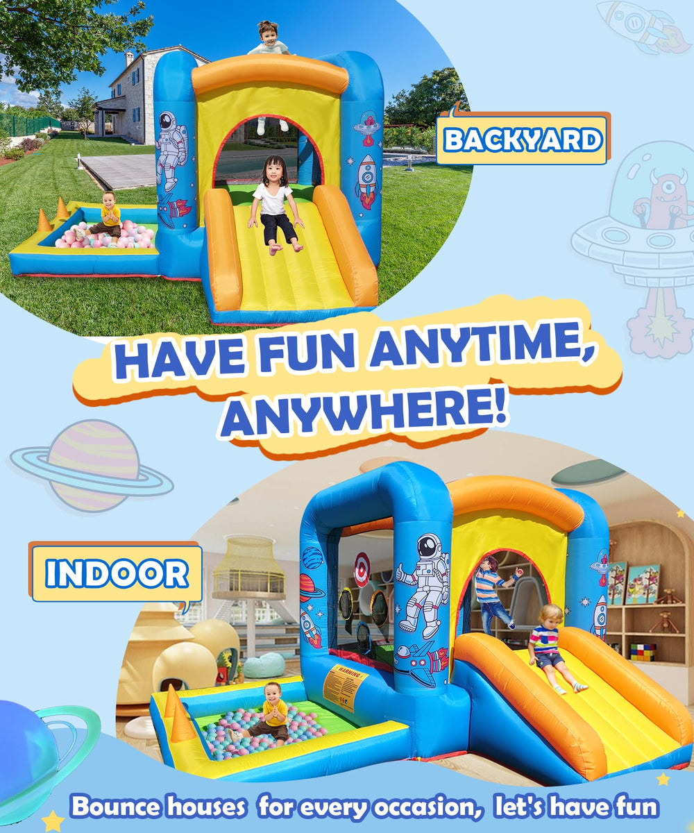 NBSPORT bounce house 6-in-1 feature highlighting jumping, pit, slide and hoops