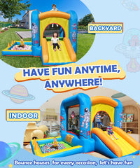 NBSPORT bounce house 6-in-1 feature highlighting jumping, pit, slide and hoops