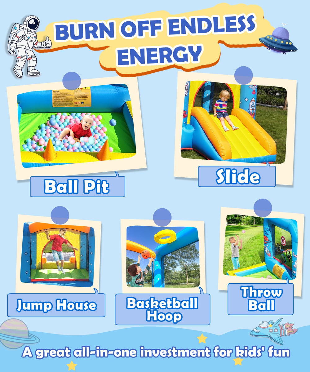 NBSPORT bounce house with slide illustrating space adventure and motion
