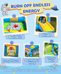 NBSPORT bounce house with slide illustrating space adventure and motion