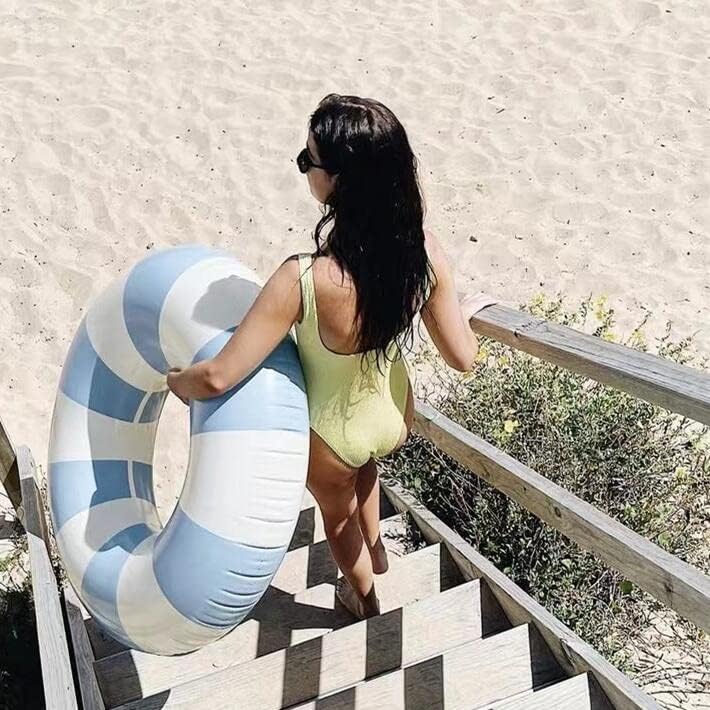 N/C blue striped pool float with handles for lounging.