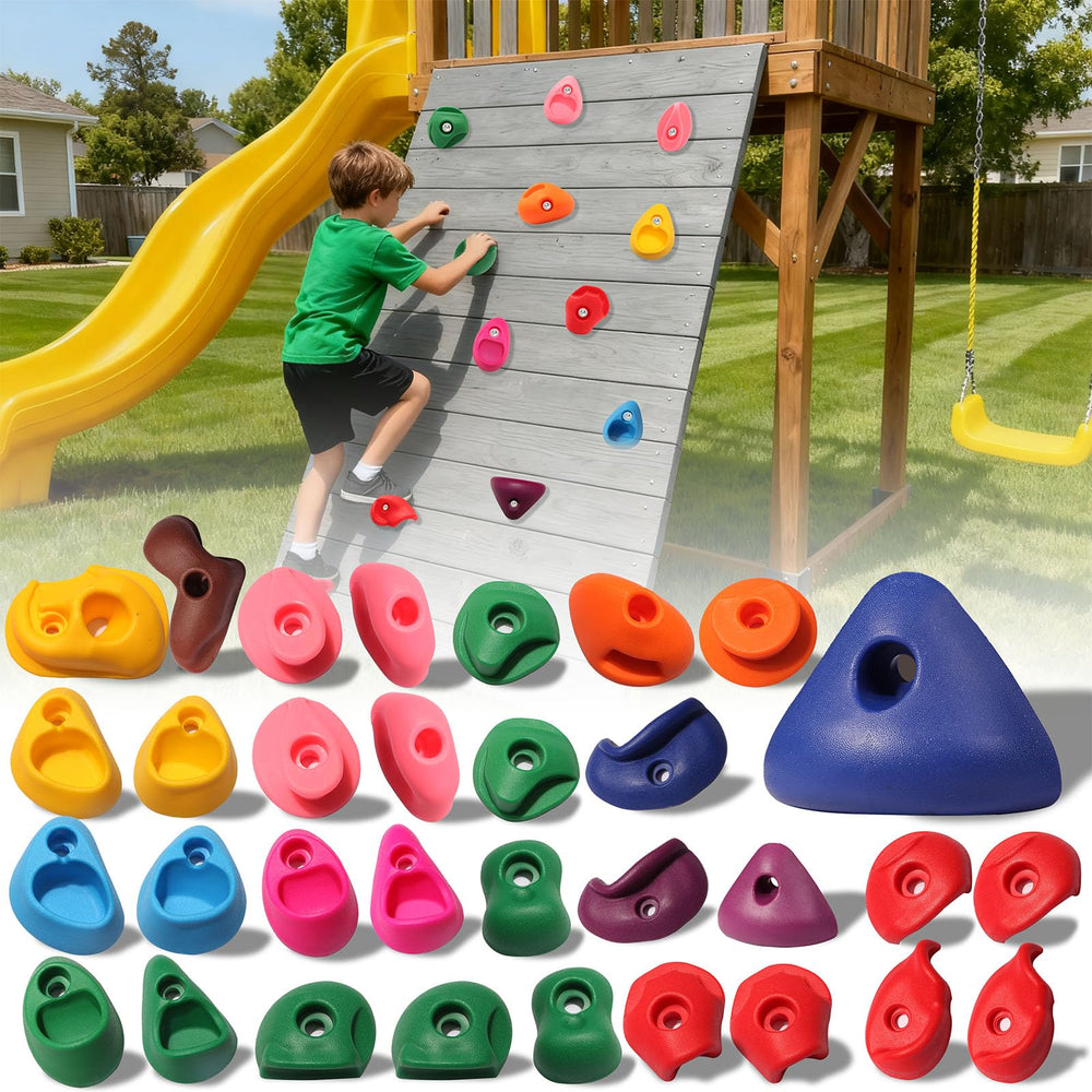 NEATATOU 32-pcs rock climbing holds assortment for customizable wall setups.