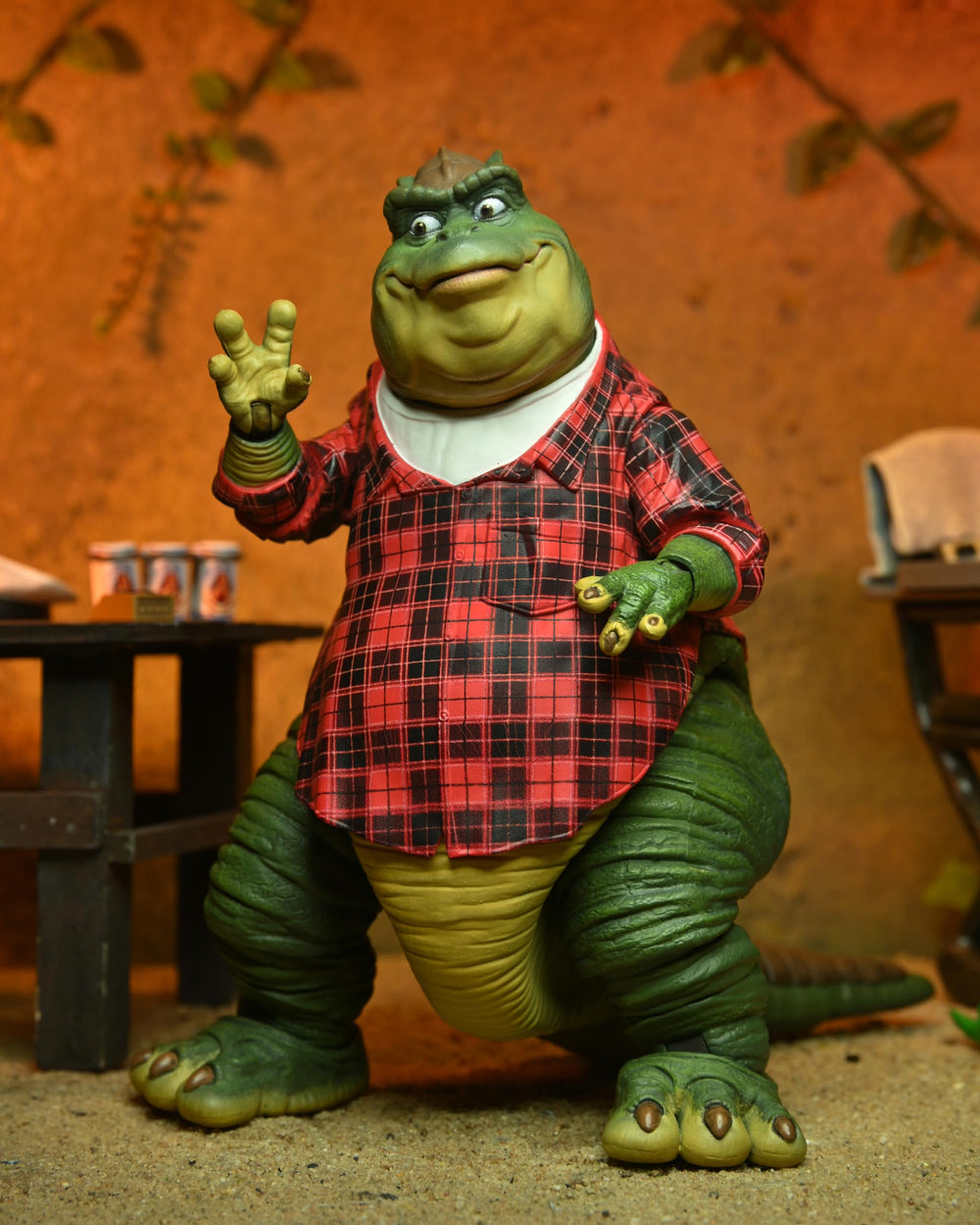 NECA Earl Sinclair with captain's hat adds character to vintage family-dinosaur scenes.