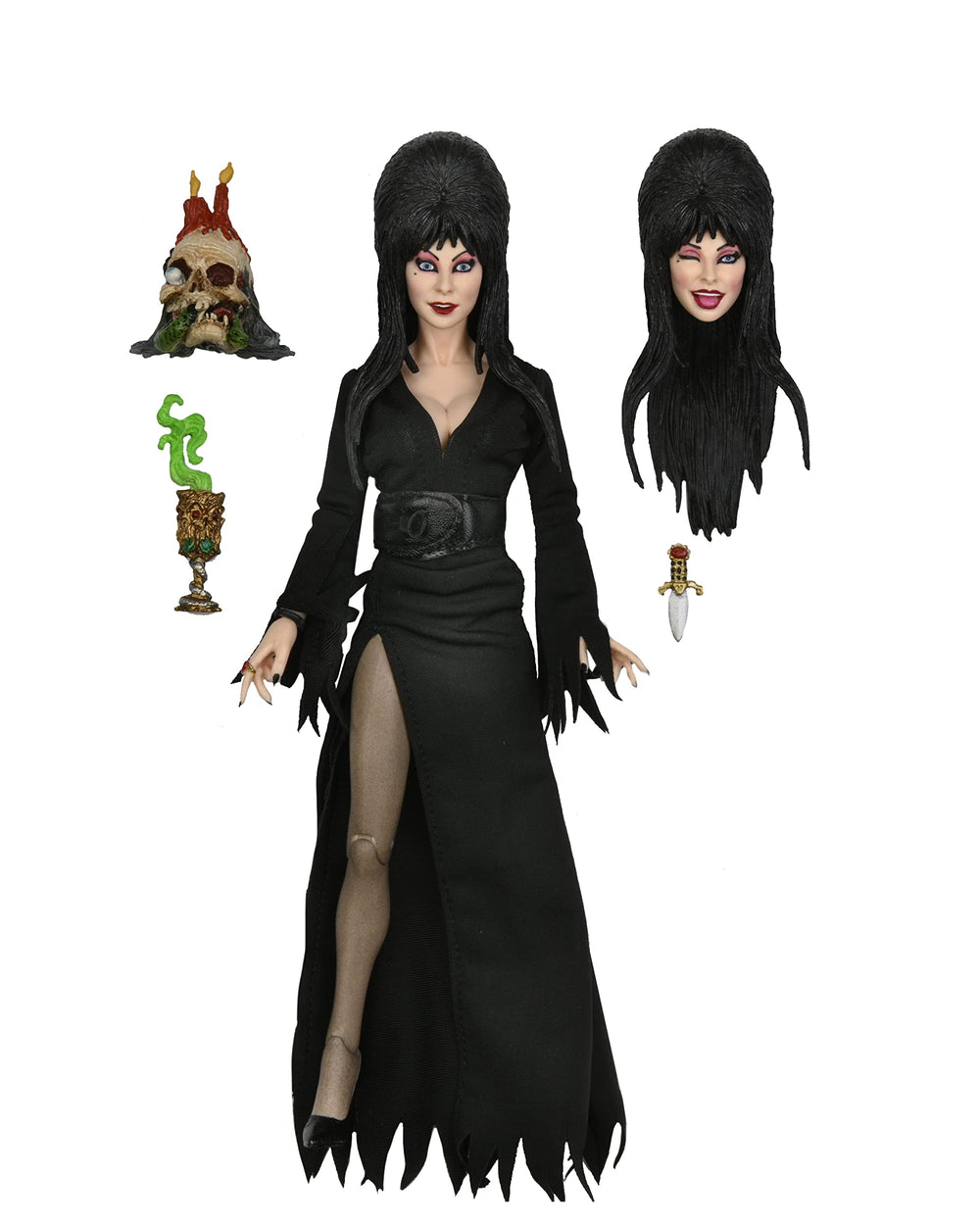 NECA Elvira 8-inch clothed figure with fabric clothing for display and posing.