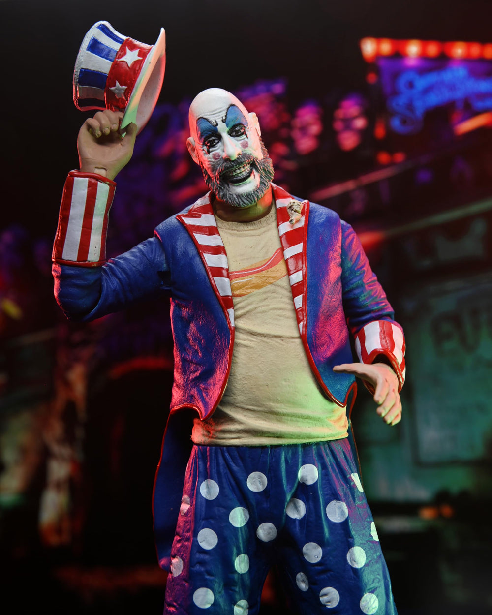 NECA Captain Spaulding figure with highly detailed face sculpt for realism.