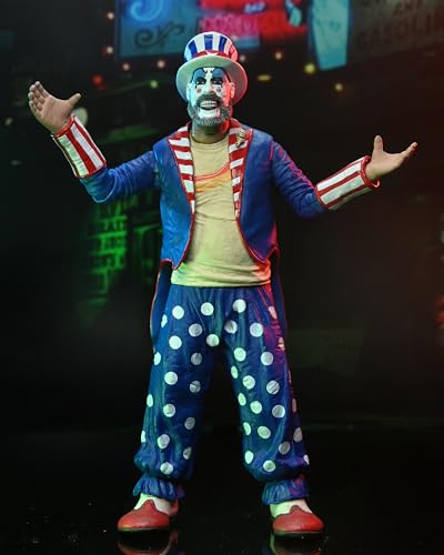 NECA Captain Spaulding figure in red, white, blue ringmaster costume, ideal for shelf styling.