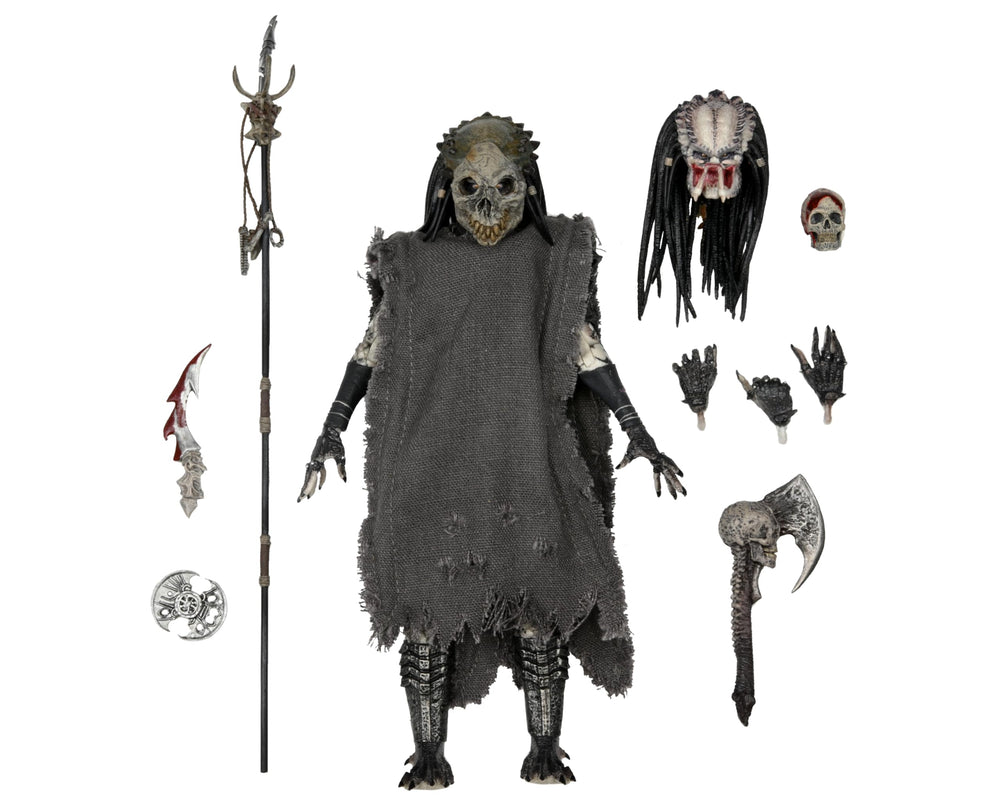 NECA Predator Shaman Ultimate figure with cloak and staff, ideal for dynamic shelf display.