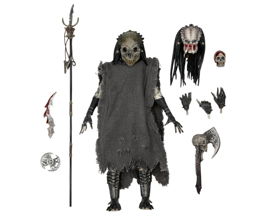 NECA Predator Shaman Ultimate figure with cloak and staff, ideal for dynamic shelf display.