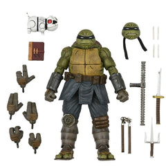 Close-up of included accessories for NECA TMNT Last Ronin Ultimate unarmored figure.
