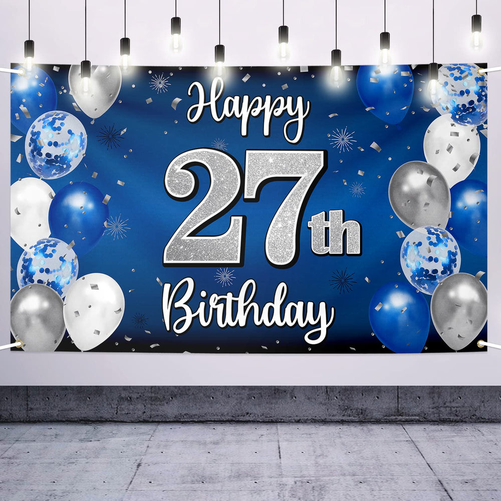 Nelbiirth Happy 27th Birthday Backdrop with blue-silver theme enhances photo moments.
