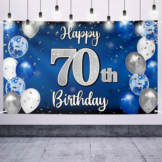 Nelbiirth Happy 70th Birthday banner backdrop, blue and silver, ideal for photo moments.
