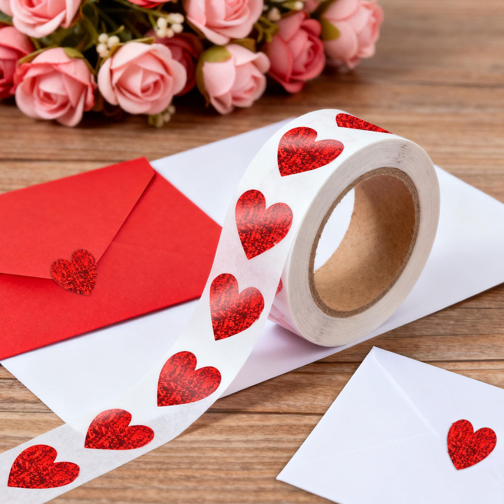 Close-up of Nelisylux red heart sticker showing shimmering sparkle for sealing envelopes.