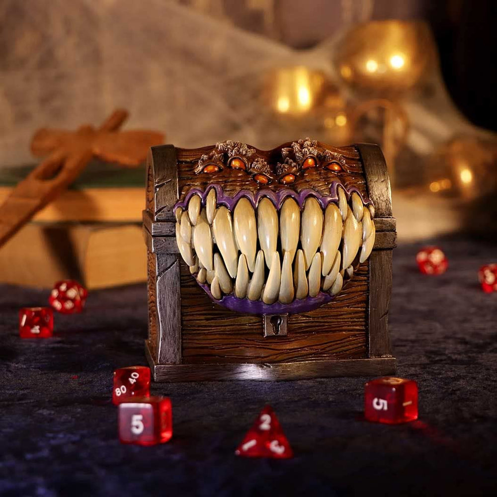 Nemesis Now Mimic dice box open mouth shows hidden interior.