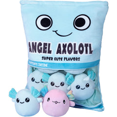 Nenalayo Axolotl plush bag front view, soft blue cuddle companion for kids