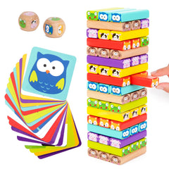 Nene Toys wooden tumble tower with animals and colors for creative play and color recognition.