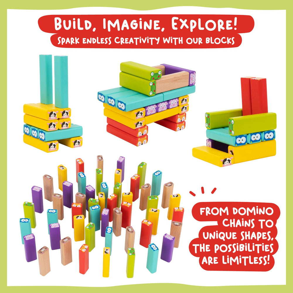 Nene Toys wooden tumble tower domino-chain setup encourages planning and problem-solving through play.