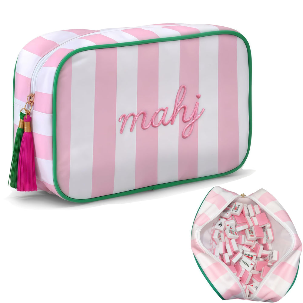 NeoDigix pink mahjong bag with embroidered design for stylish tile storage.