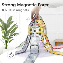 NEOFORMERS magnetic tiles car set train linking demonstrates easy linking for moving play scenarios.