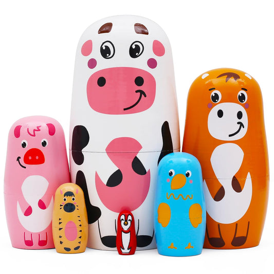 NEPOG farm nesting dolls cow figure in durable wood for kids' play.
