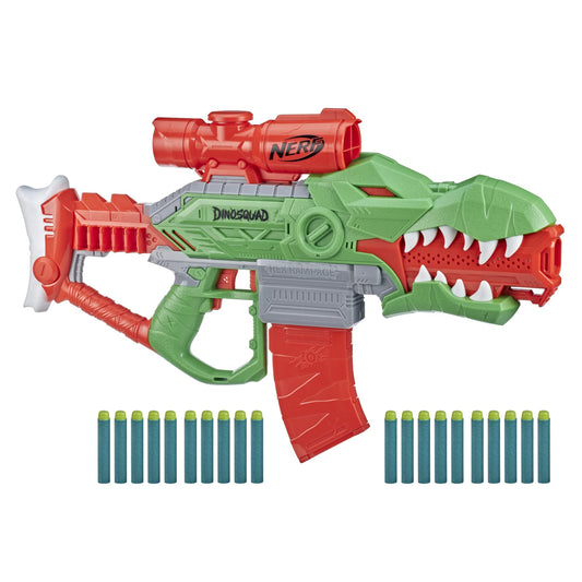 Nerf DinoSquad Rex-Rampage blaster with dinosaur design for immersive play.