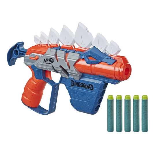 Nerf DinoSquad Stego-Smash blaster front view with Stegosaurus styling for outdoor action.