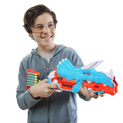 Nerf DinoSquad Tricera-Blast 12-darts-included powers quick reloads.