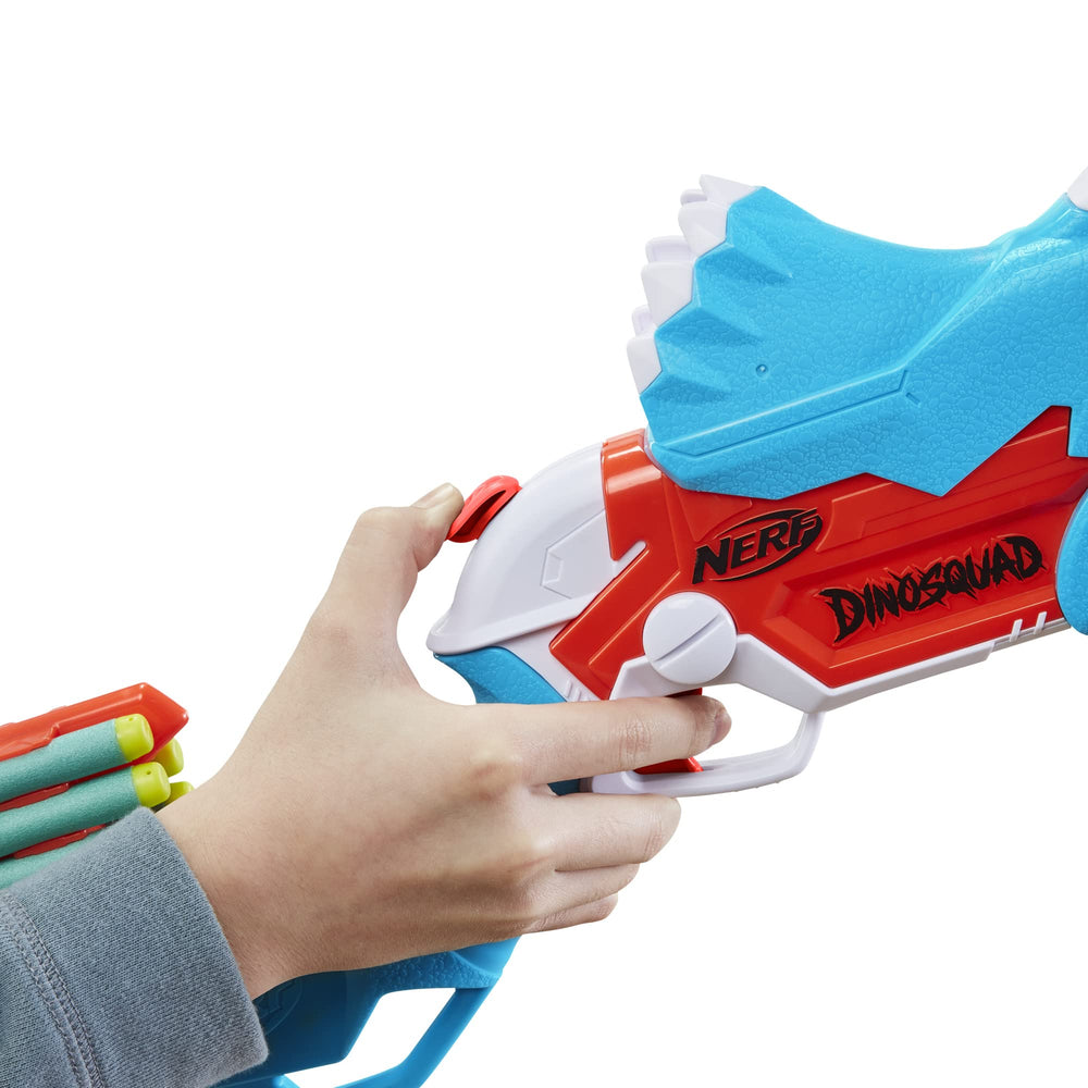 Nerf DinoSquad Tricera-Blast onboard-dart-storage keeps extra darts within reach.
