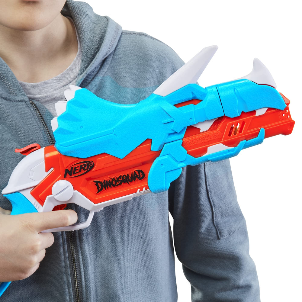 Nerf DinoSquad Tricera-Blast includes Nerf Elite darts for immediate action.