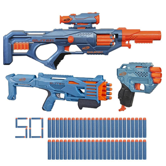 NERF Elite 2.0 Blaster Pack cover image showing all three blasters ready for action