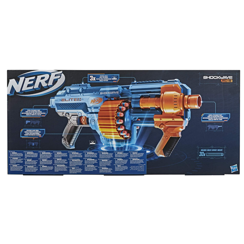 Nerf Elite 2.0 Shockwave with rails and barrel attachments.