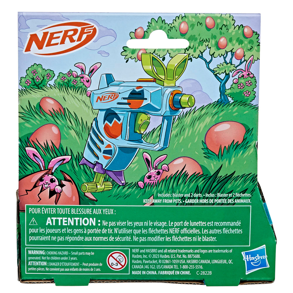 Nerf Elite 2.0 Egg Hunt Blaster in spring-colored action, kids playing outdoors.