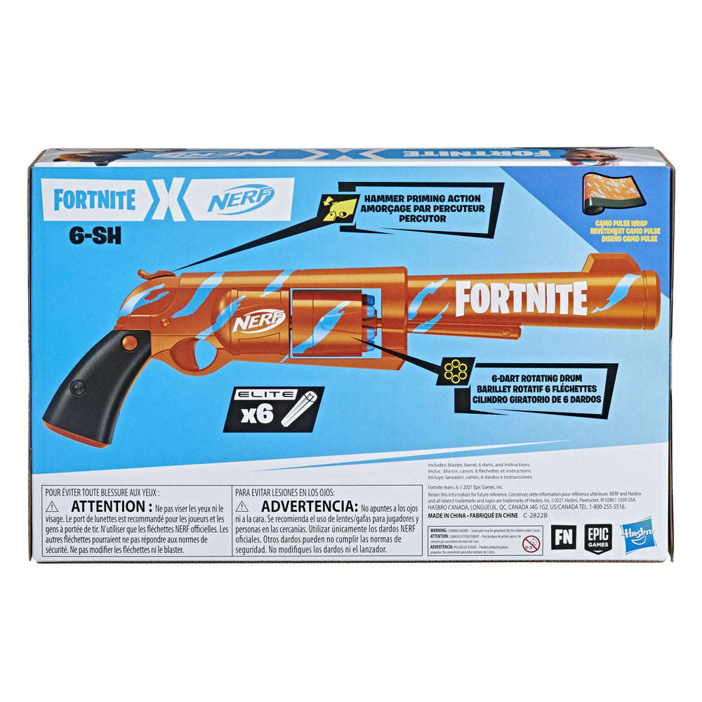Nerf Fortnite 6-SH includes official Elite darts for play.