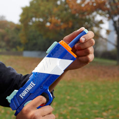 Nerf Fortnite dual pack LP blaster, side view, pull-back priming for rapid reloads.