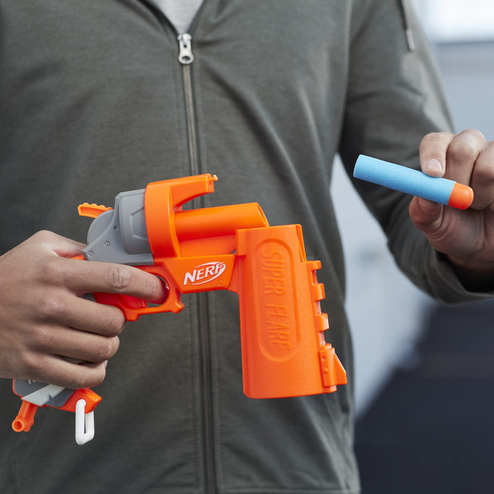 Nerf Fortnite Flare Blaster in a dynamic battle scene for indoor and outdoor play.